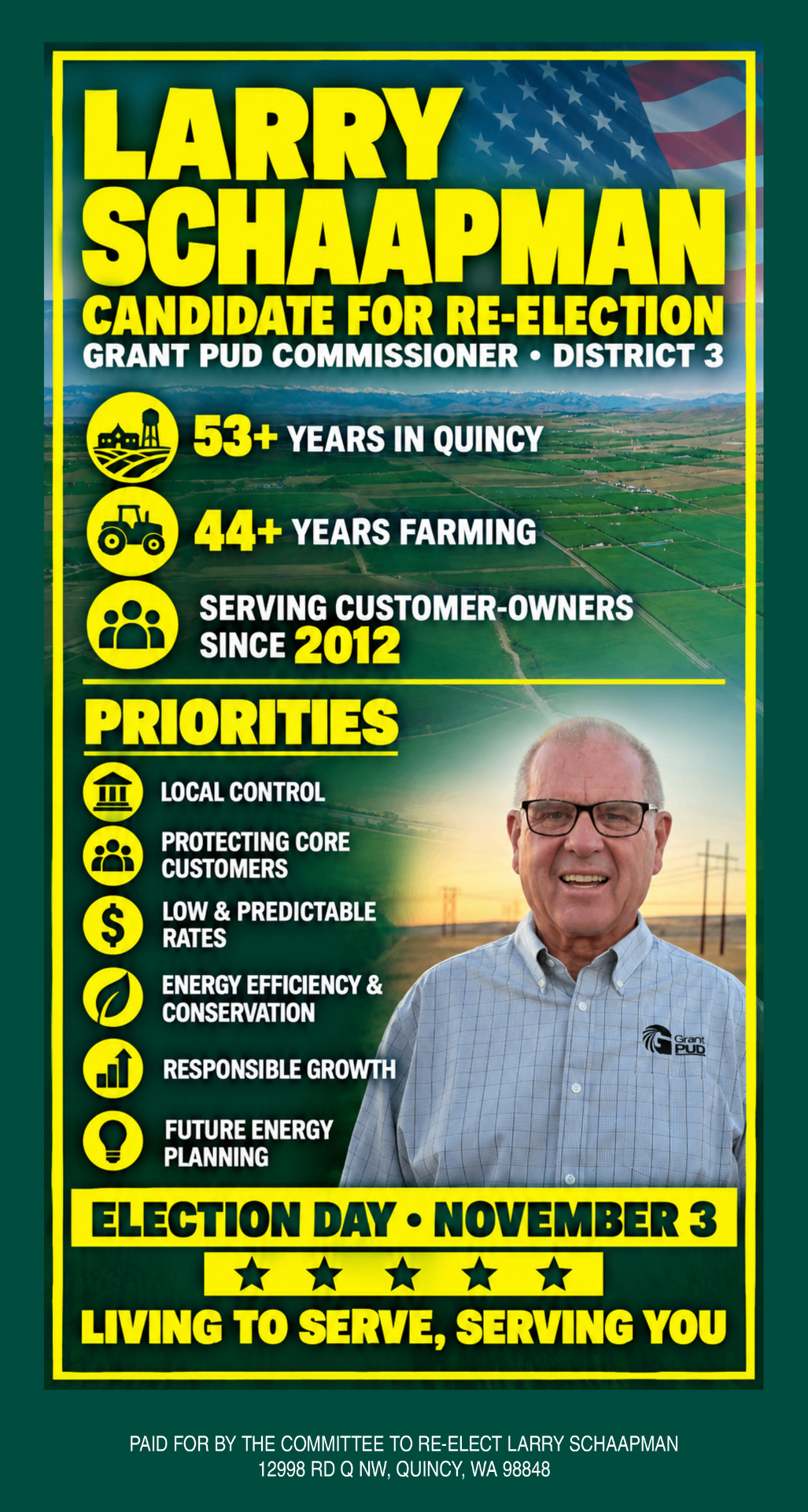 Larry Schaapman campaign flyer listing 53+ years in Quincy, 44+ years farming and his priorities